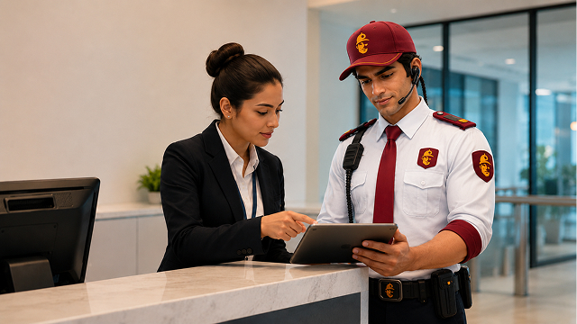 Receptionist and security guard reviewing visitor check-in on a tablet