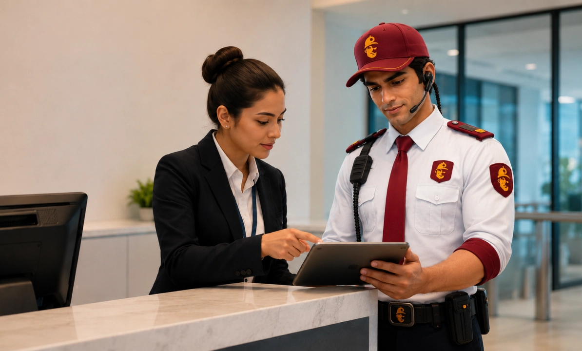 Receptionist and security guard reviewing visitor check-in on a tablet