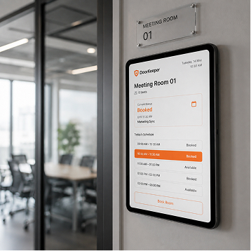 Meeting room booking shown on a tablet outside a conference room