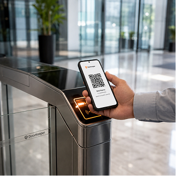 Visitor scanning a QR pass at a turnstile