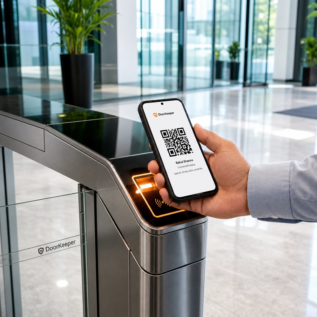 Visitor scanning a QR pass at a turnstile