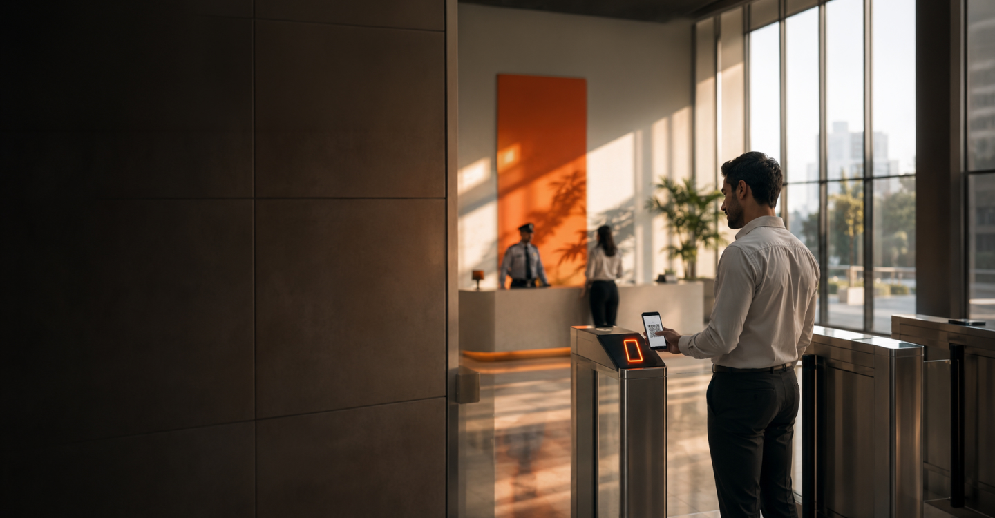 Corporate lobby turnstile with a visitor checking in by QR code