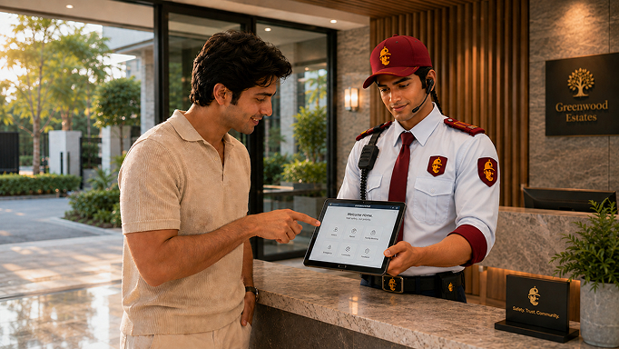 Resident approving a guest with a gated-community guard at the desk