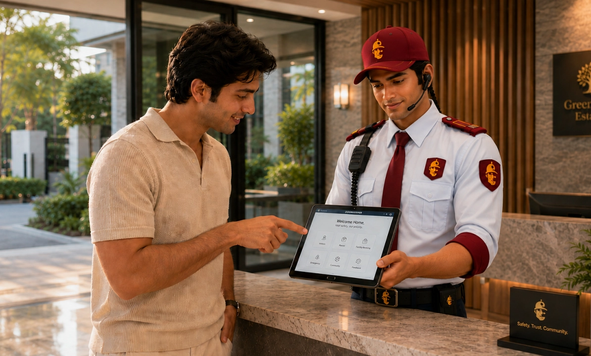 Resident approving a guest with a gated-community guard at the desk