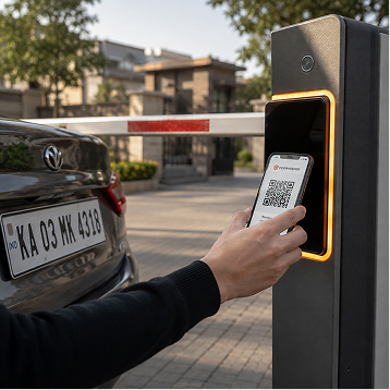Car approaching a boom barrier with QR scan