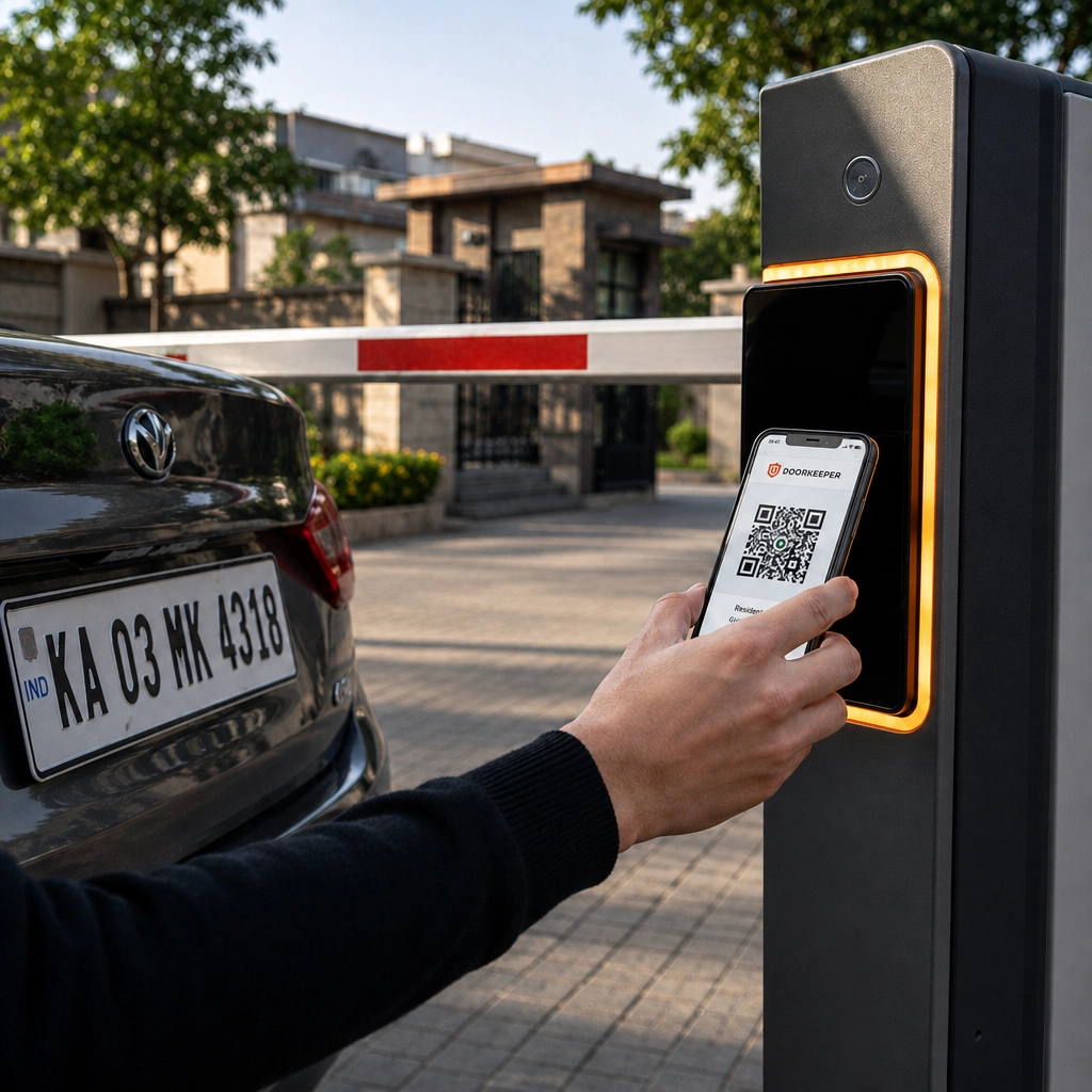 Car approaching a boom barrier with QR scan