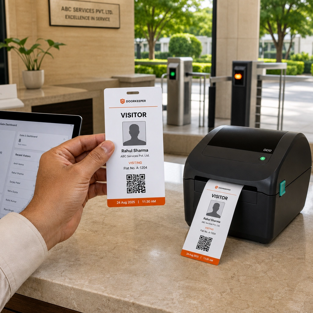 Printed visitor badge being issued at the gate