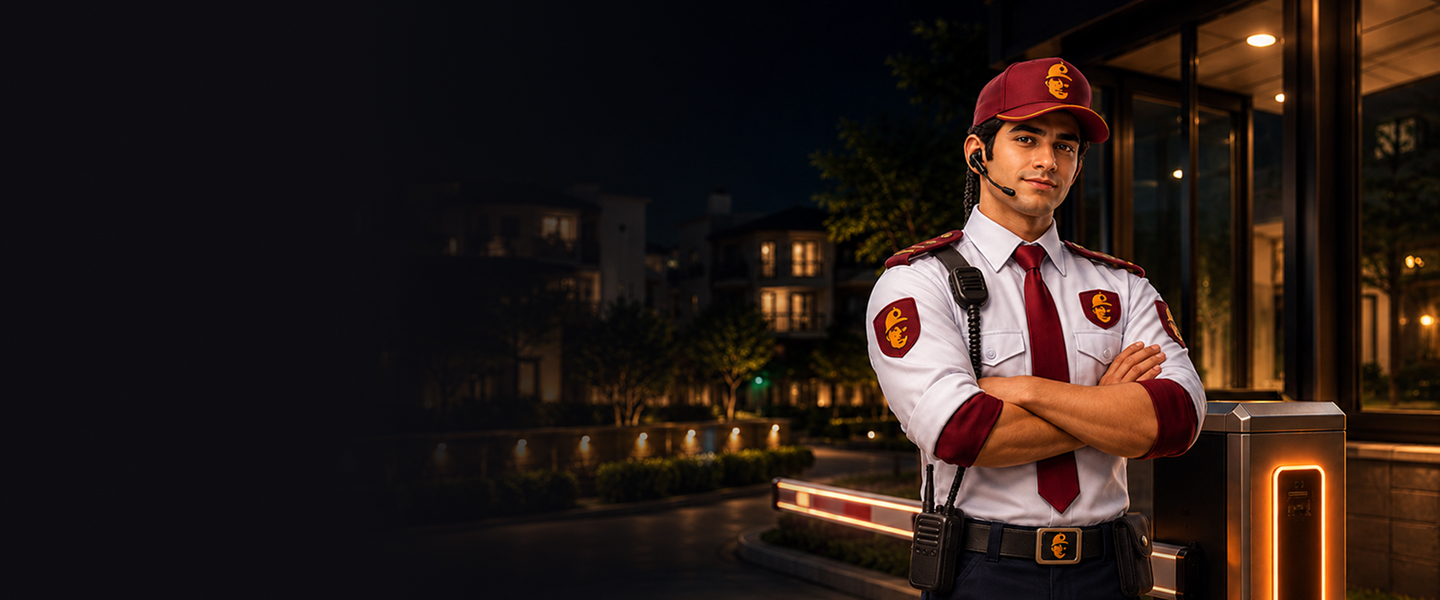 Guard at a gated-community entrance at night