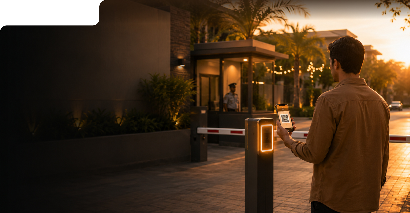 Resident scanning a QR pass at a gated community entrance